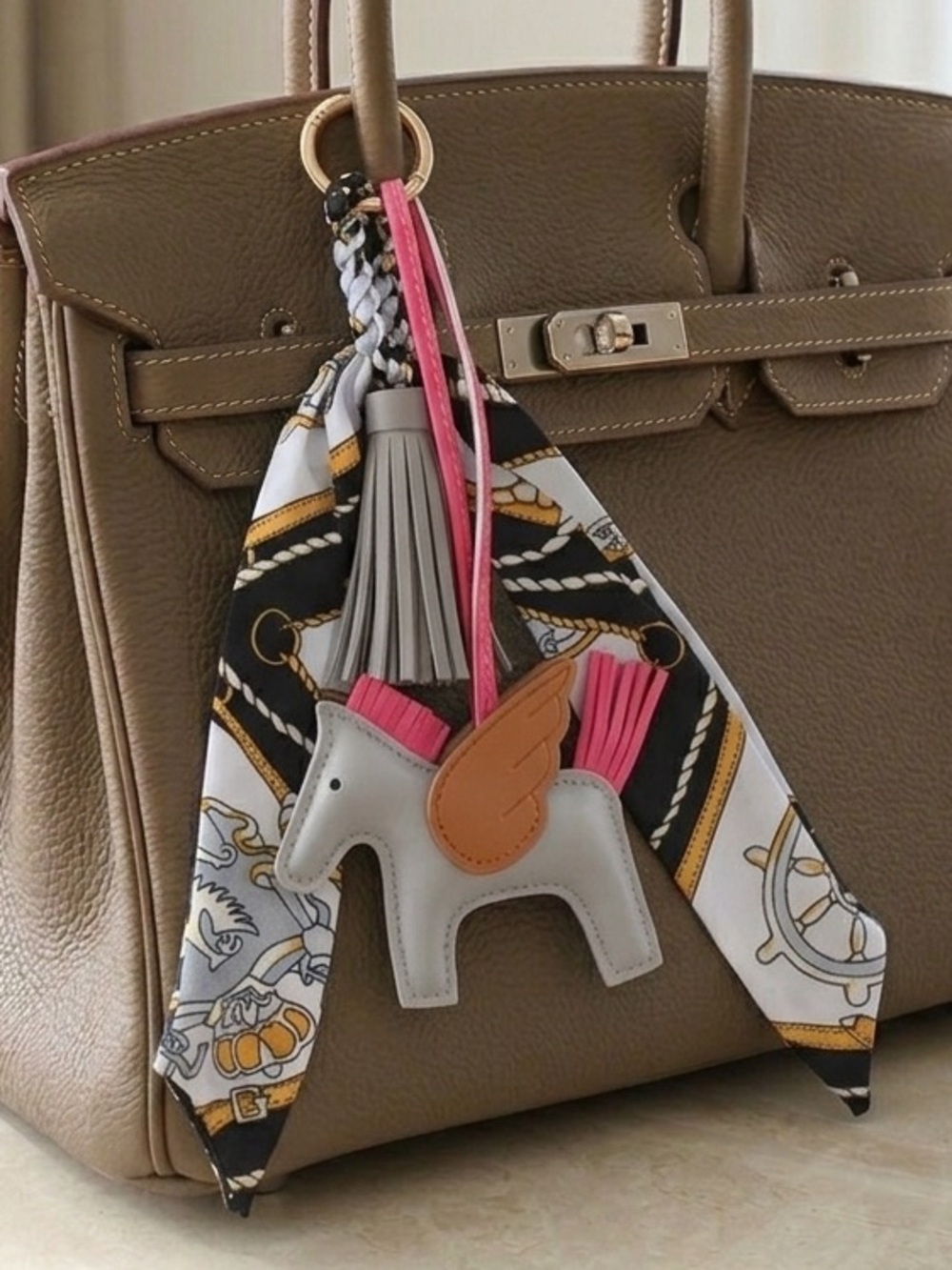 Luxury Pegasus Horse Leather Bag Charm with Twilly-Wrapped-Tassel - gray